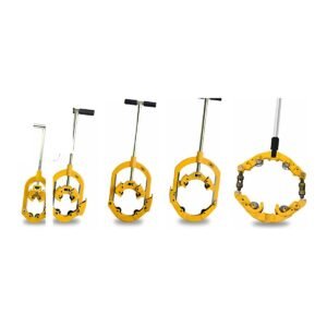 Manual chain pipe cutters in five sizes lined up
